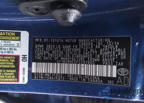 2015 Toyota Corolla S Plus из США, поврежденный, VIN 2T1BURHE5FC292860